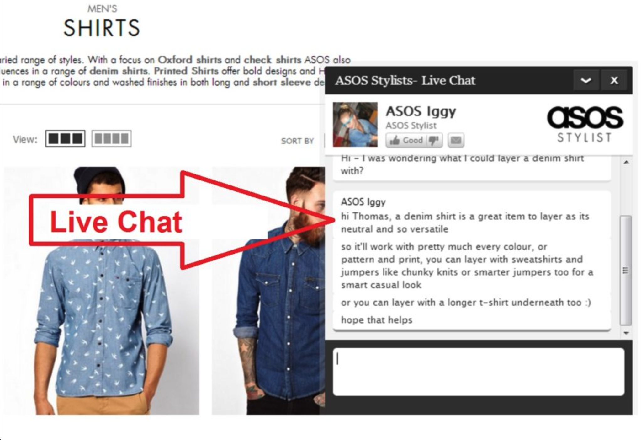 Chat as customer shopping assistant example - Asos