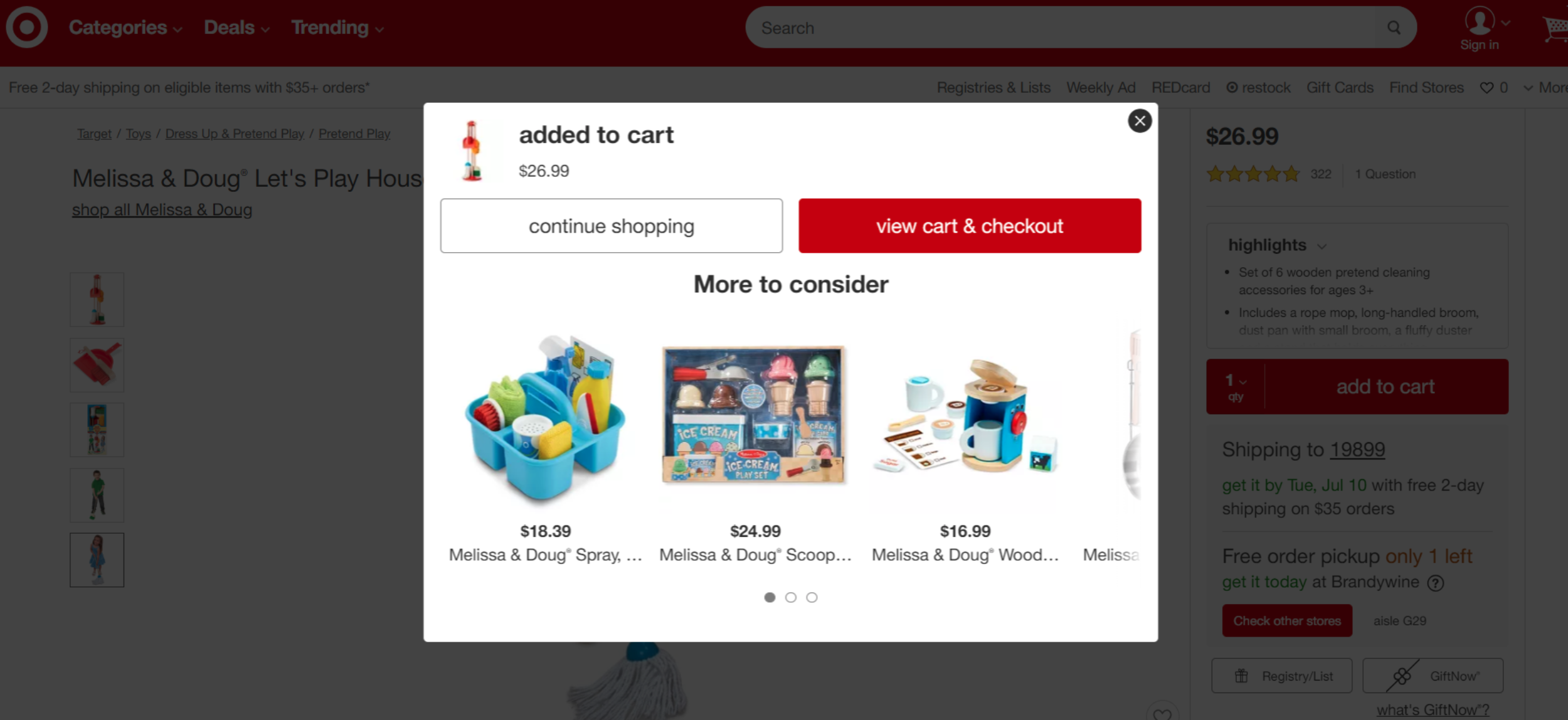 Product recommendation example using pop-up